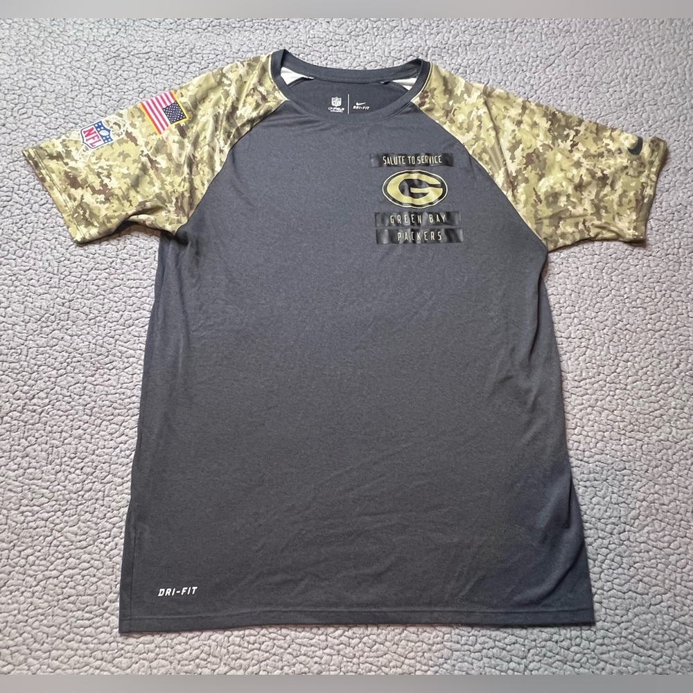 Nike Green Bay Packers Camo Sleeves T Shirt Mens Size Medium NFL On Field Gray